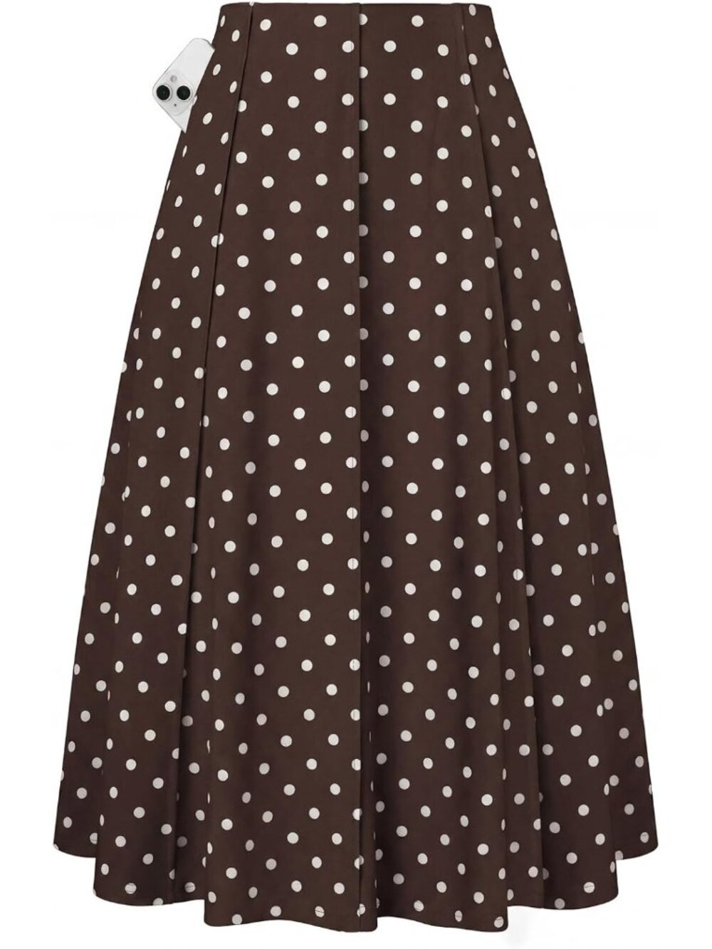 Women Brown Polka Dot Panel-pleated High-waisted Side Pockets A Line Flowy Skirt